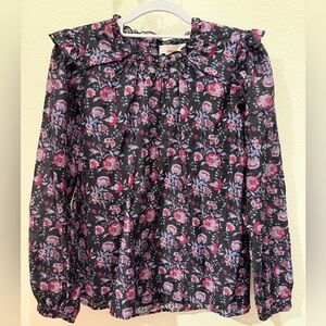 XiRENA Black Blouse with Red and Purple Floral Design